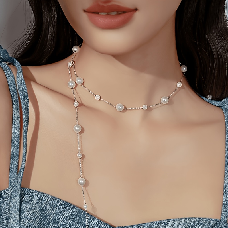 Women's Luxurious Long Imitation Pearl Necklace, Elegant Design